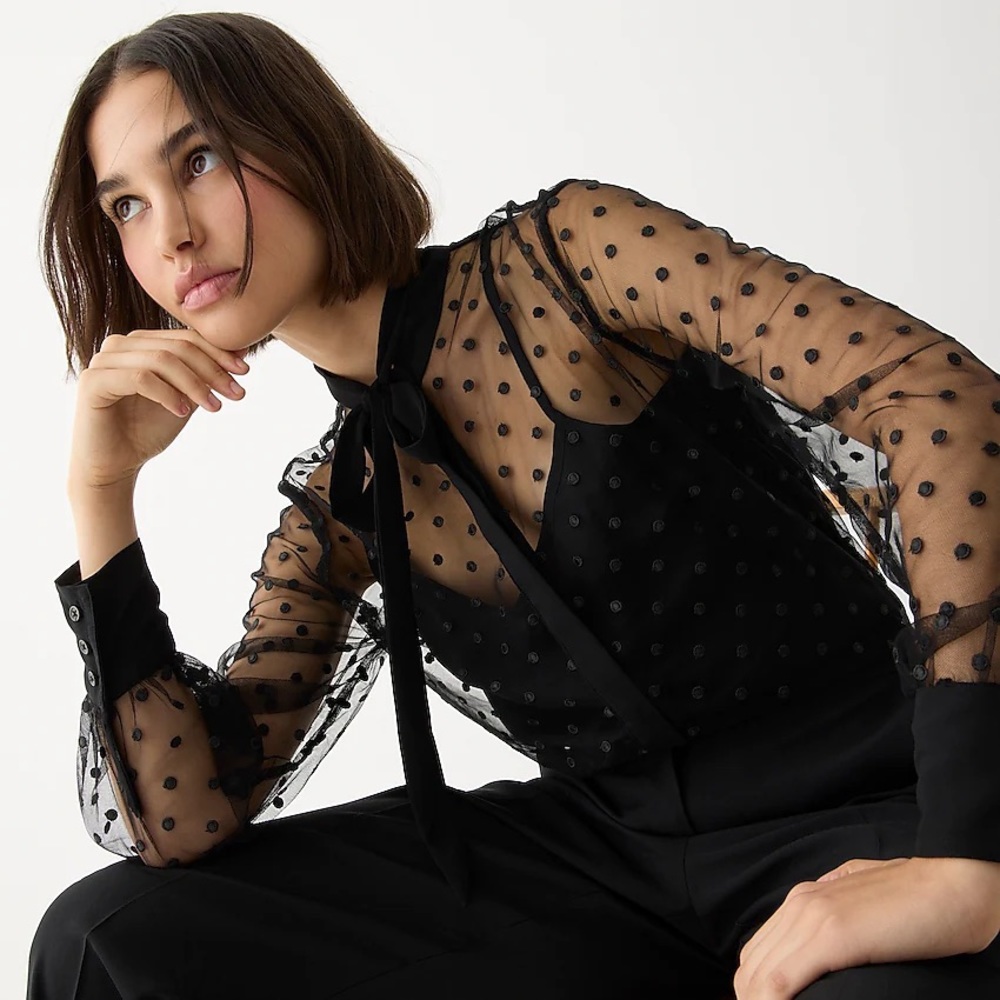 J.Crew Tie-neck long-sleeve top in dotted tulle BN037